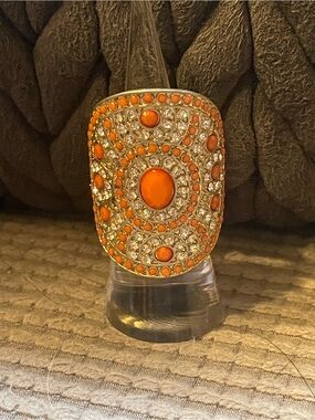Orange and Crystal Statement Cocktail Stretchy  Ring